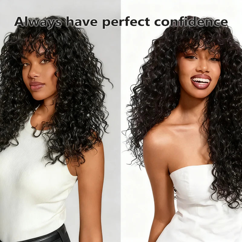 KLENIMORE™ Blended Human Hair Curly Wig with Bangs - Easily create voluminous, wavy curls; ready to use immediately