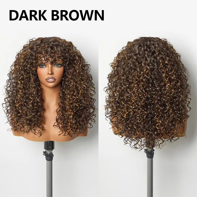 KLENIMORE™ Blended Human Hair Curly Wig with Bangs - Easily create voluminous, wavy curls; ready to use immediately