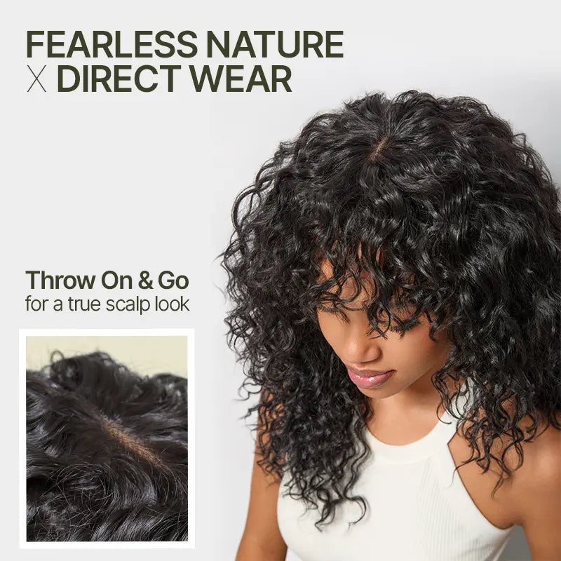 KLENIMORE™ Blended Human Hair Curly Wig with Bangs - Easily create voluminous, wavy curls; ready to use immediately
