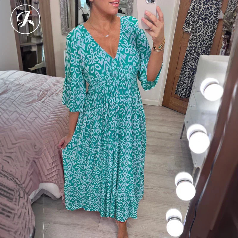 Bohemian casual print V-neck waist wrap long dress