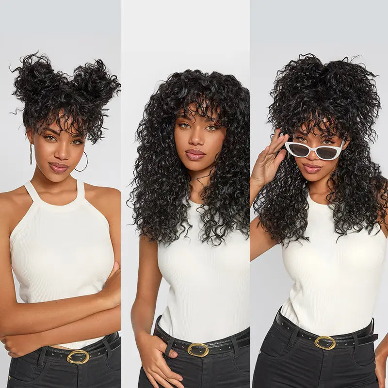 KLENIMORE™ Blended Human Hair Curly Wig with Bangs - Easily create voluminous, wavy curls; ready to use immediately