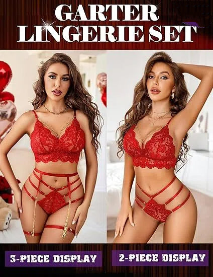 🔥Final 3 Hours: 50% OFF✨Women's Lingerie Set 3 Piece Garter Lingerie Lace Bra and Panty Set