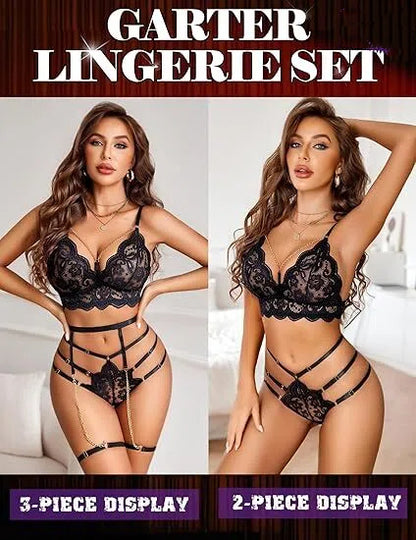 🔥Final 3 Hours: 50% OFF✨Women's Lingerie Set 3 Piece Garter Lingerie Lace Bra and Panty Set