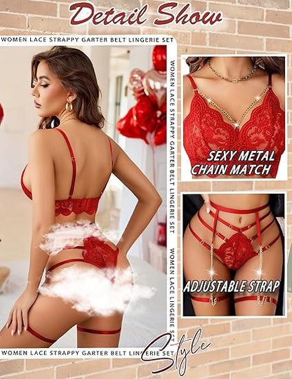 🔥Final 3 Hours: 50% OFF✨Women's Lingerie Set 3 Piece Garter Lingerie Lace Bra and Panty Set