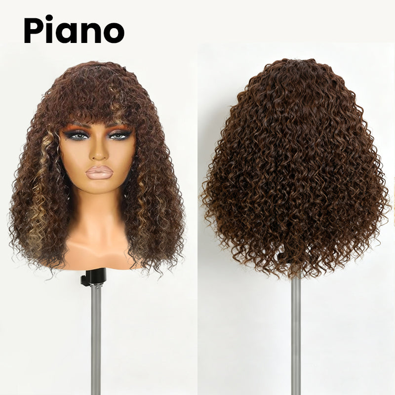 KLENIMORE™ Blended Human Hair Curly Wig with Bangs - Easily create voluminous, wavy curls; ready to use immediately